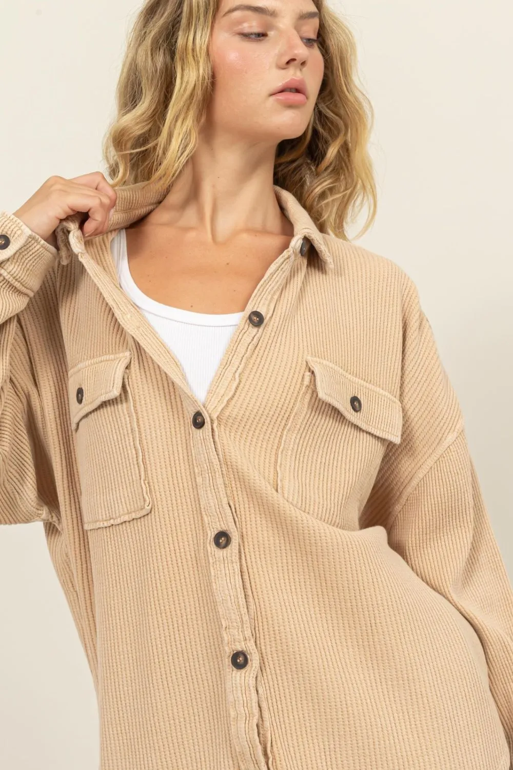 HYFVE Waffle-Knit Curved Hem Button Up Shacket sold by Charming Charlie