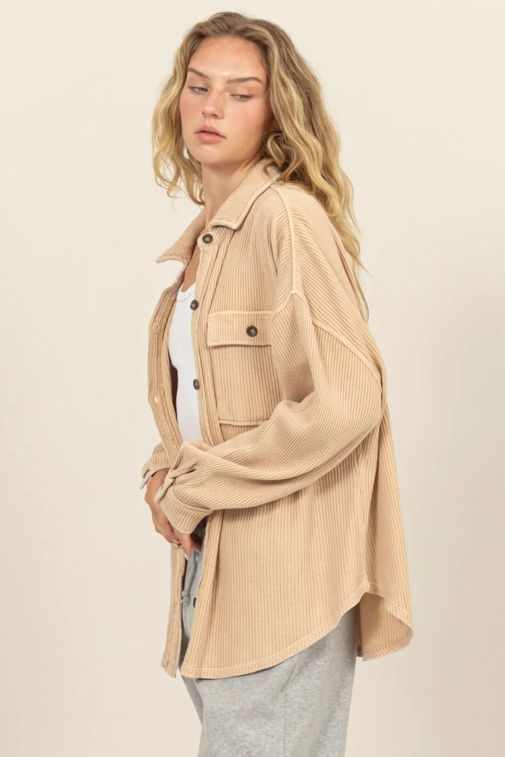 HYFVE Waffle-Knit Curved Hem Button Up Shacket sold by Charming Charlie product image thumbnail 3