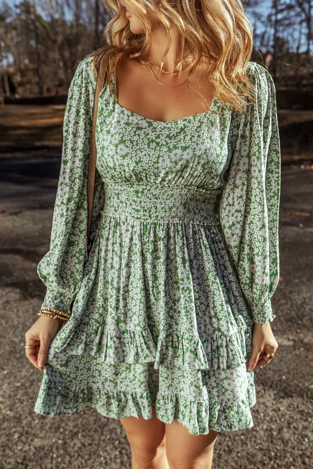 Ruffle Hem Floral Square Neck Long Sleeve Dress sold by Charming Charlie product image thumbnail 4