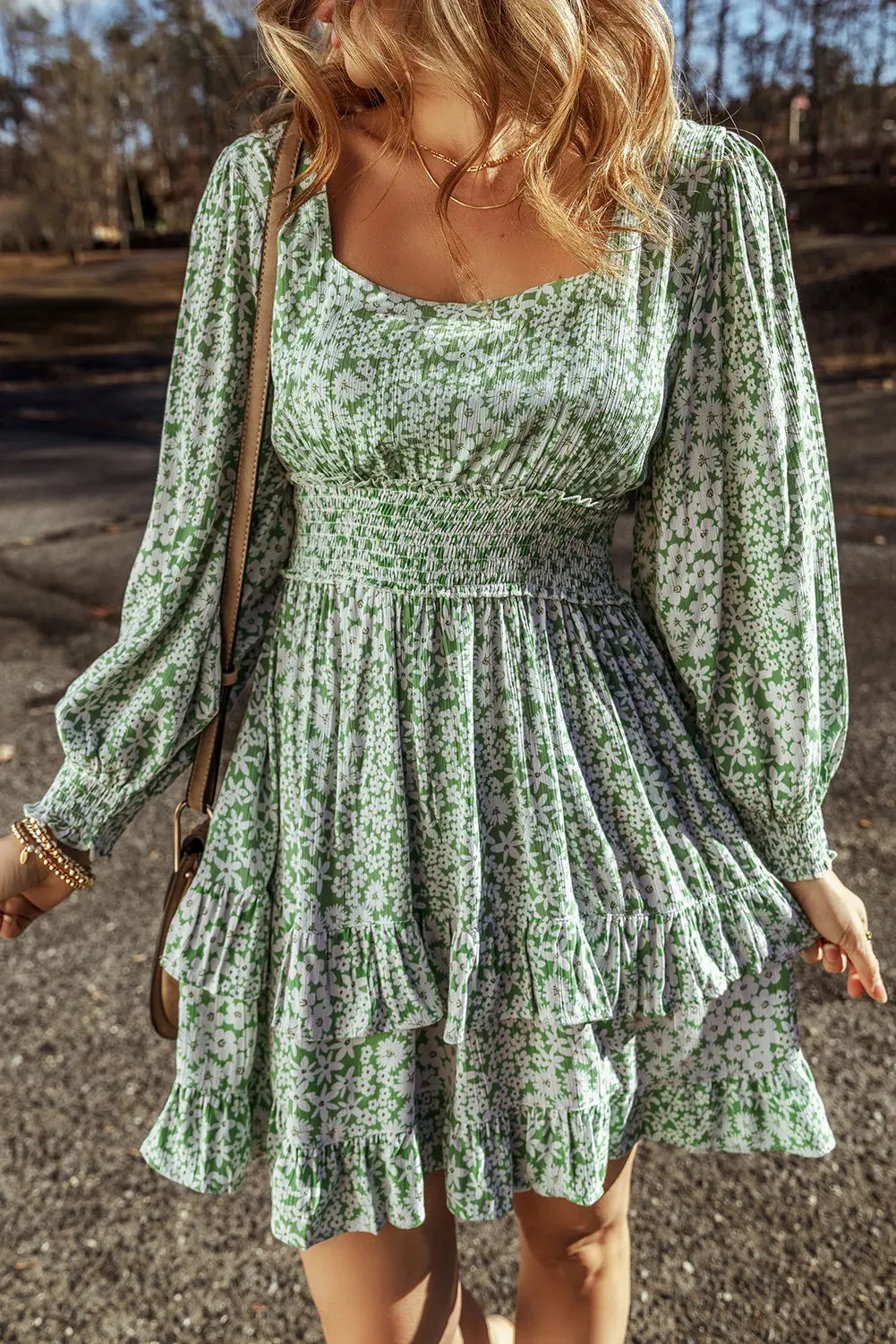 Ruffle Hem Floral Square Neck Long Sleeve Dress sold by Charming Charlie