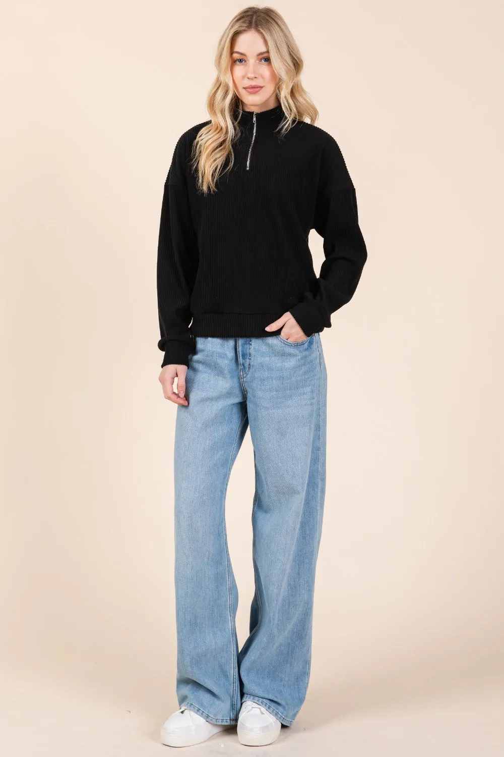 BOMBOM Quarter Zip Long Sleeve Sweatshirt with Pockets sold by Charming Charlie product image thumbnail 4