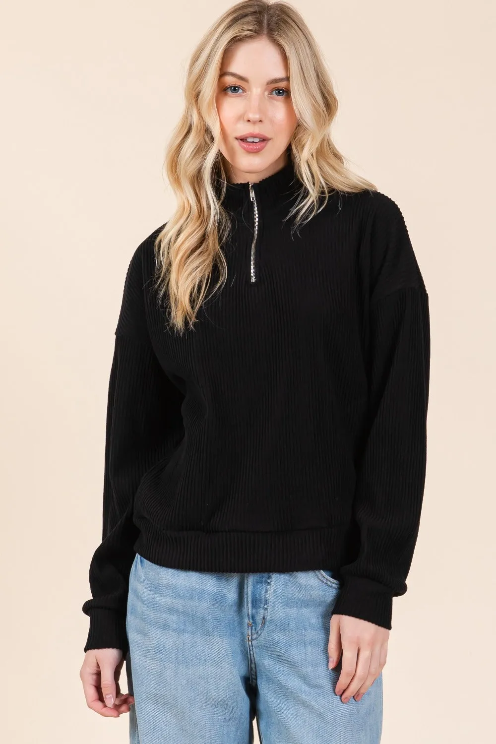 BOMBOM Quarter Zip Long Sleeve Sweatshirt with Pockets sold by Charming Charlie