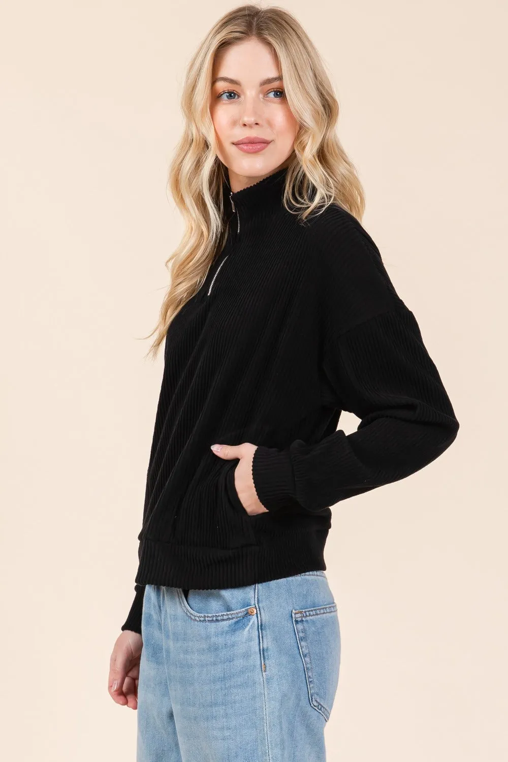 BOMBOM Quarter Zip Long Sleeve Sweatshirt with Pockets sold by Charming Charlie product image thumbnail 2