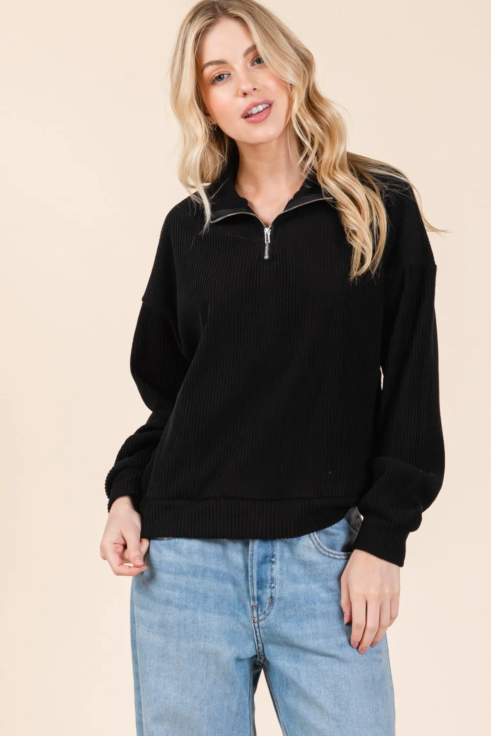 BOMBOM Quarter Zip Long Sleeve Sweatshirt with Pockets sold by Charming Charlie product image thumbnail 3