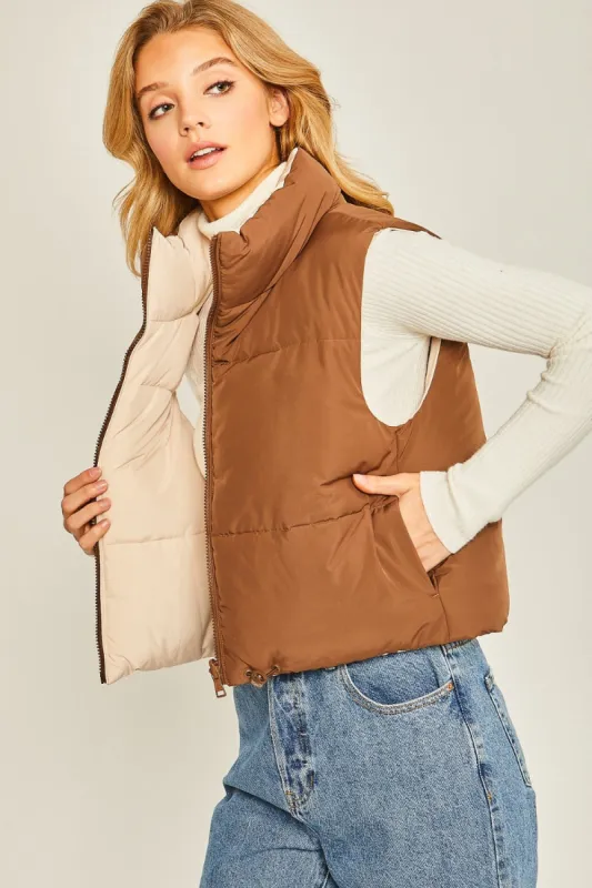 Love Tree Zip Up Cropped Contrast Reversible Vest sold by Charming Charlie