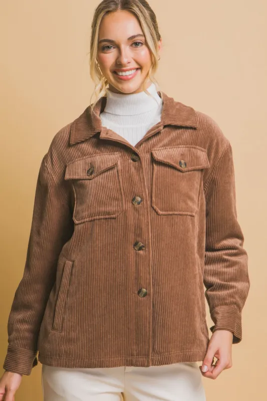 Love Tree Corduroy Button Up Jacket with Sherpa Inside sold by Charming Charlie