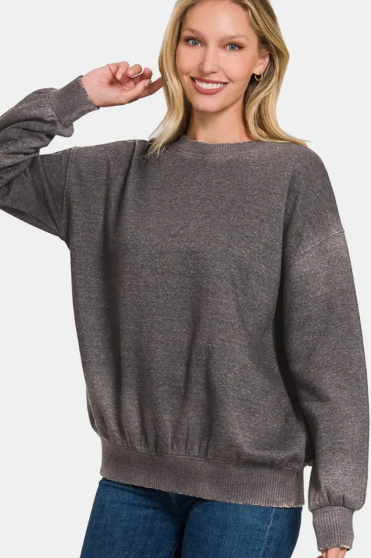 Zenana Full Size Acid Wash Fleece Long Sleeve Sweatshirt sold by Charming Charlie