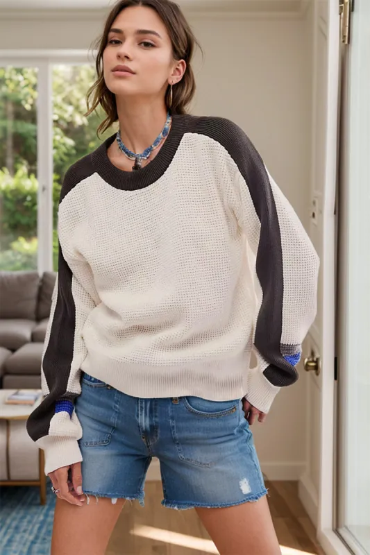 Waffle-Knit Contrast Round Neck Sweater sold by Charming Charlie
