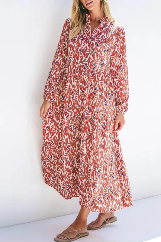 Printed Notched Long Sleeve Dress sold by Charming Charlie