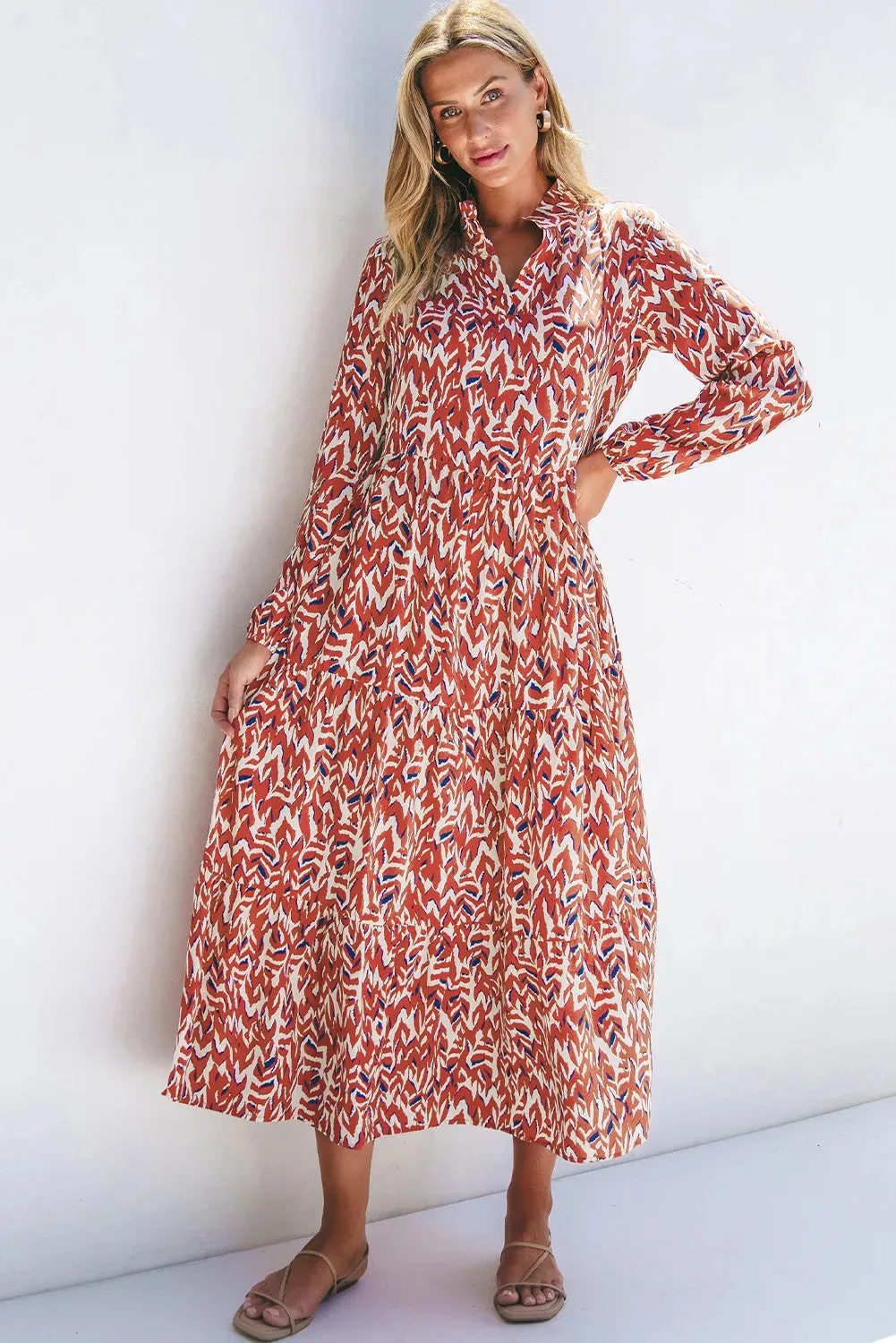 Printed Notched Long Sleeve Dress sold by Charming Charlie product image thumbnail 2