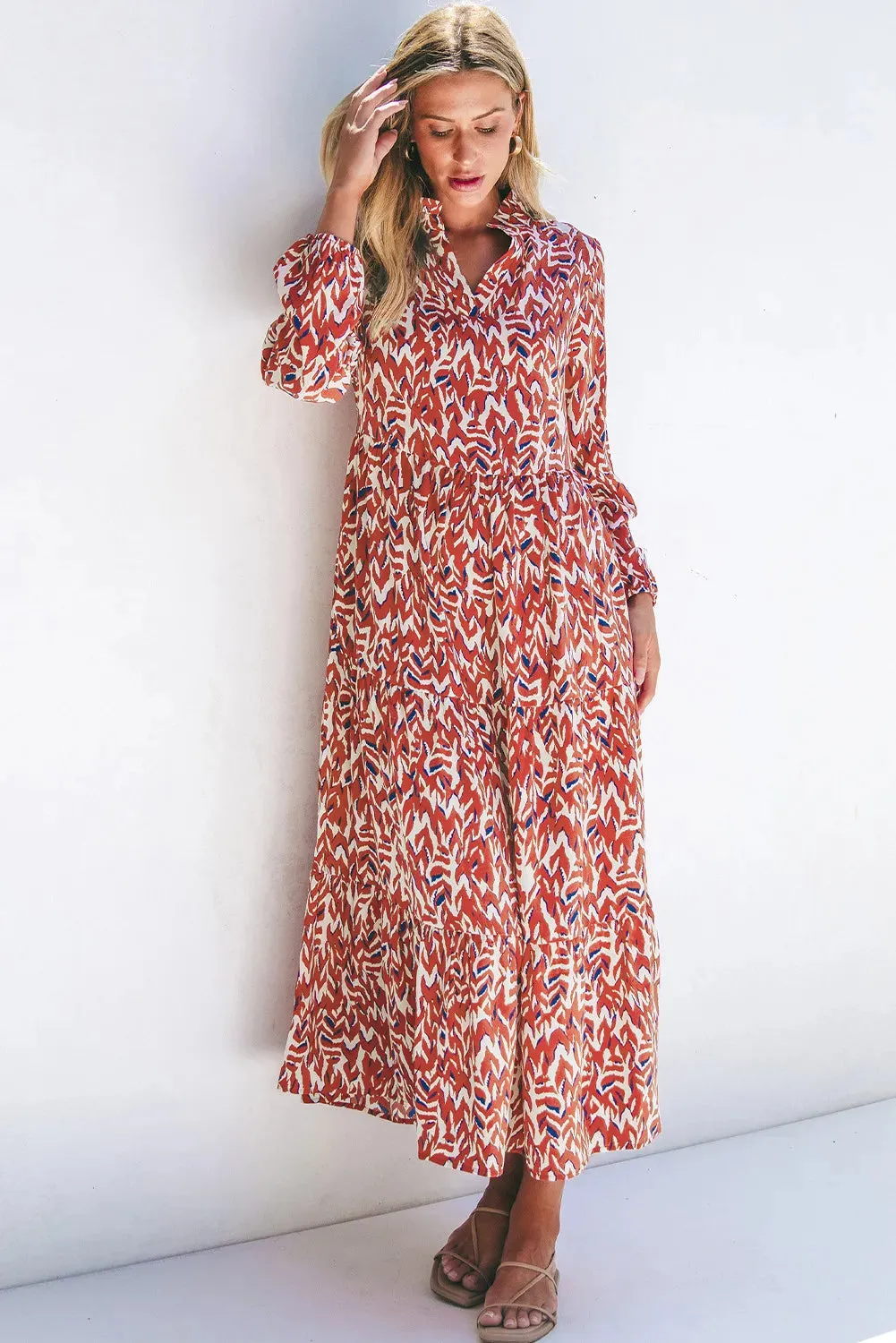 Printed Notched Long Sleeve Dress sold by Charming Charlie product image thumbnail 3