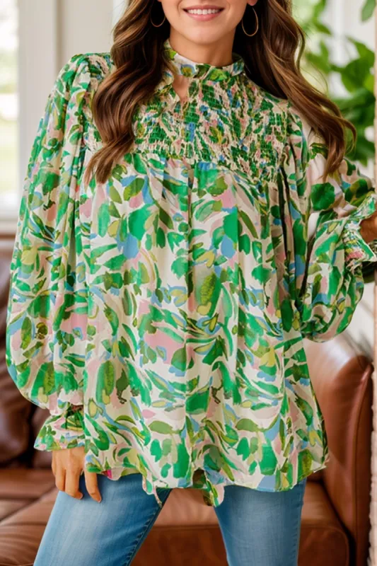 Frill Printed Mock Neck Flounce Sleeve Blouse sold by Charming Charlie