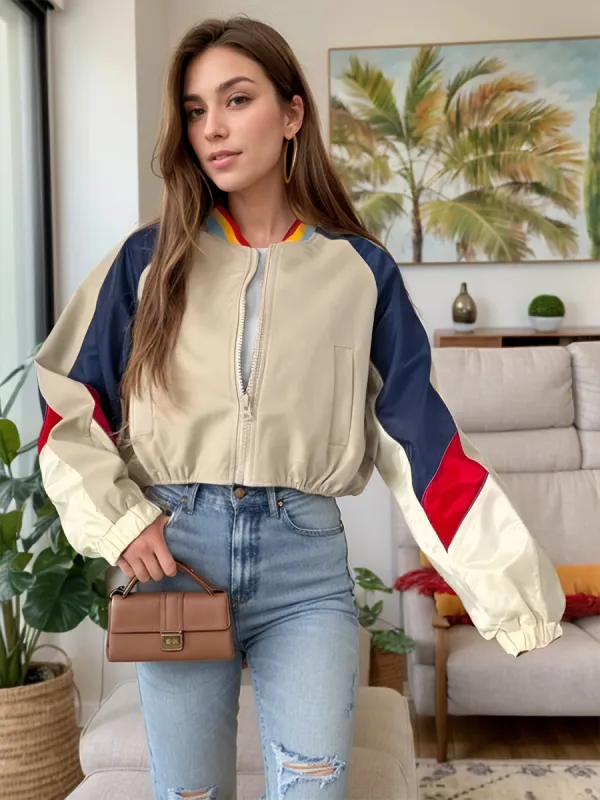 Contrast Baseball Collar Zip Up Long Sleeve Jacket sold by Charming Charlie