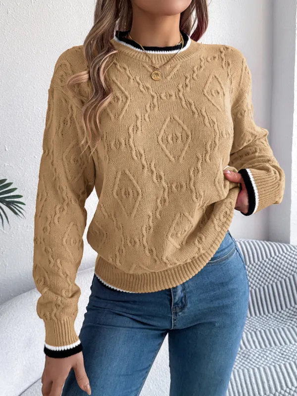 Contrast Trim Round Neck Long Sleeve Sweater sold by Charming Charlie