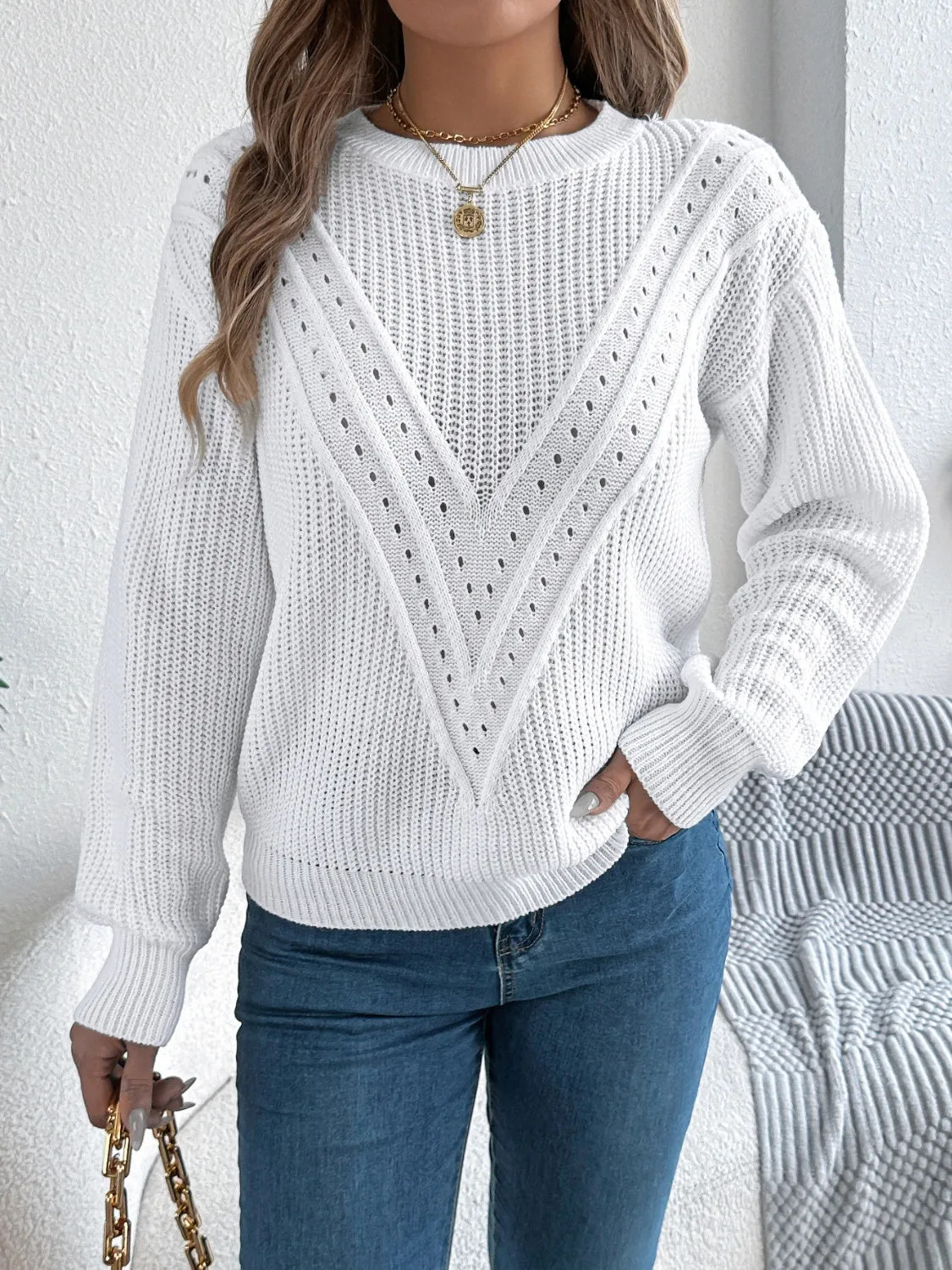 Openwork Round Neck Long Sleeve Sweater sold by Charming Charlie product image thumbnail 4