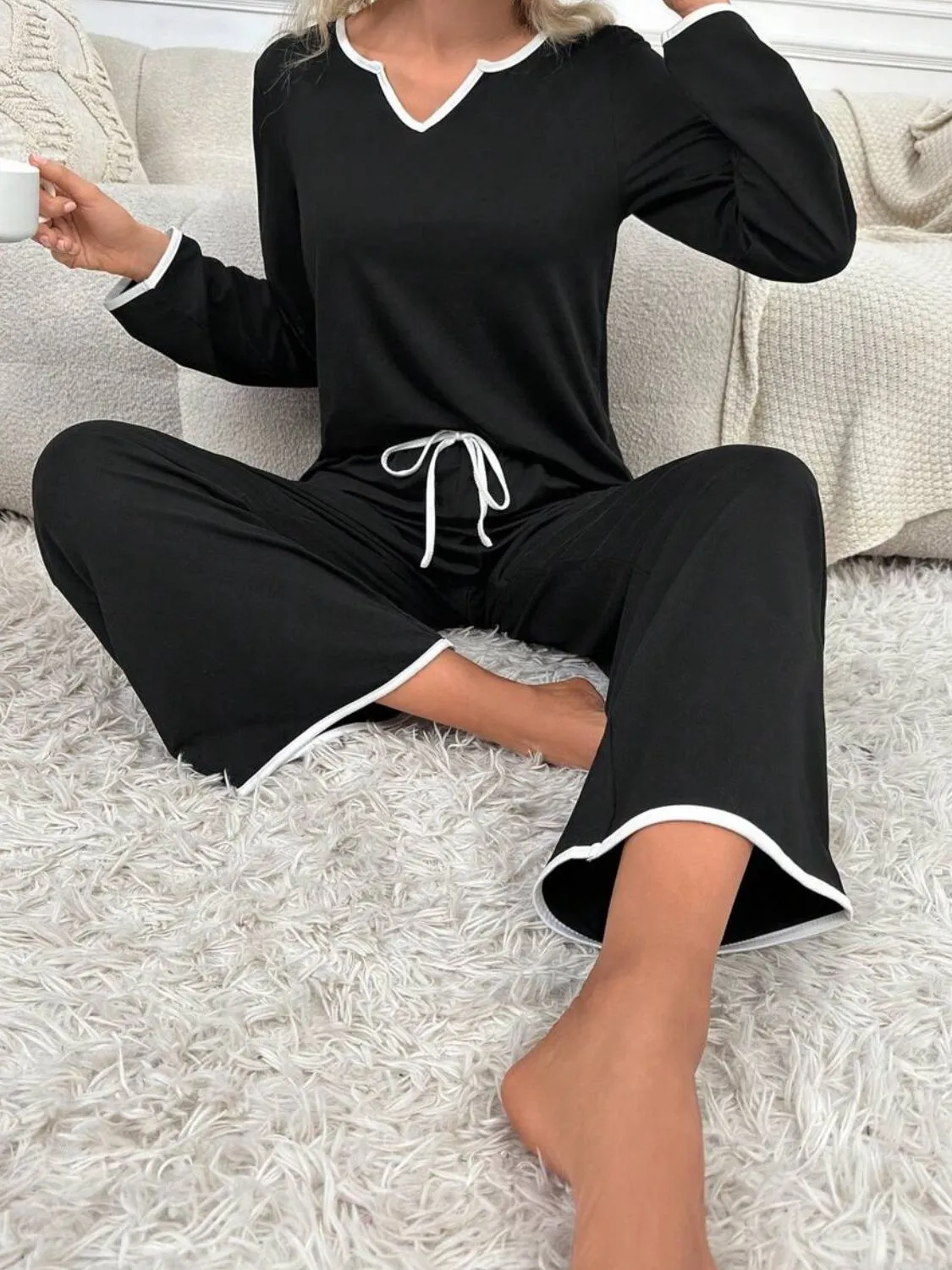Contrast Trim Notched Long Sleeve Top and Pants Lounge Set sold by Charming Charlie product image thumbnail 2
