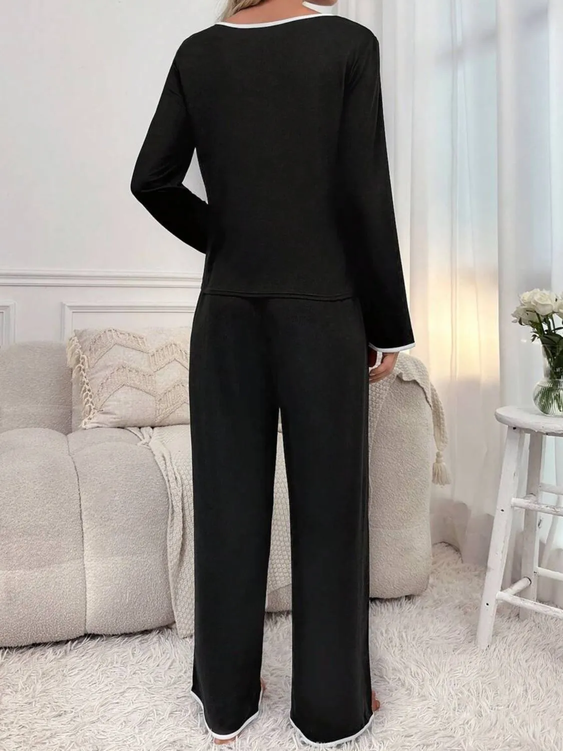 Contrast Trim Notched Long Sleeve Top and Pants Lounge Set sold by Charming Charlie product image thumbnail 3