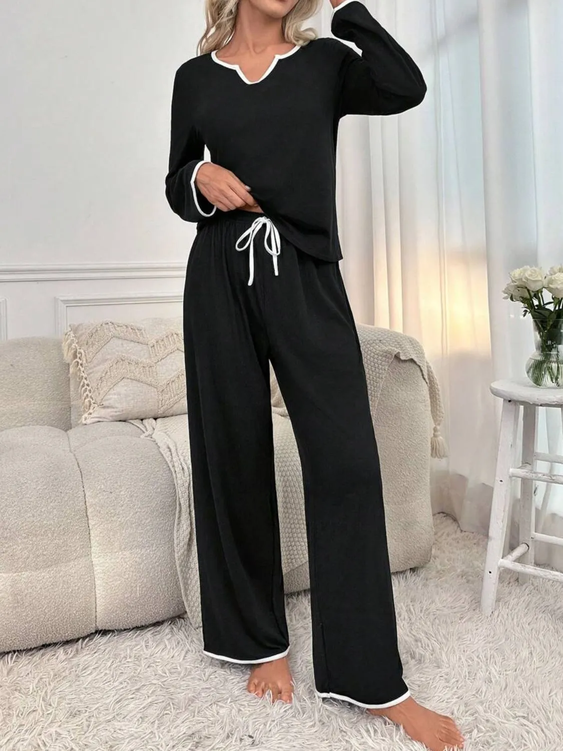 Contrast Trim Notched Long Sleeve Top and Pants Lounge Set sold by Charming Charlie