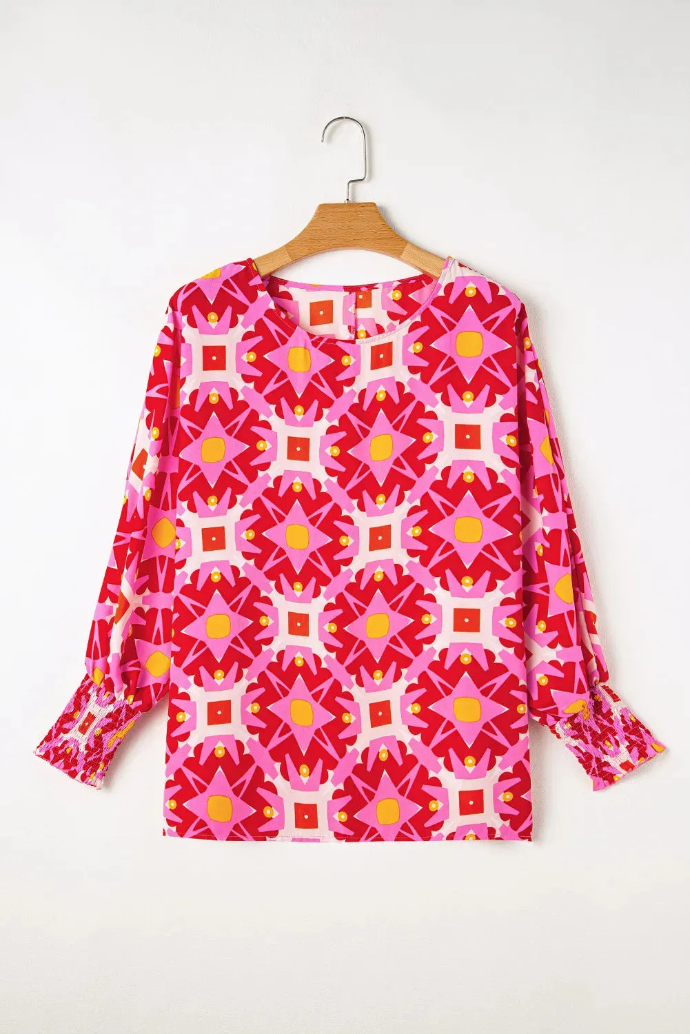 Smocked Cuff Printed Round Neck Long Sleeve Blouse sold by Charming Charlie product image thumbnail 2