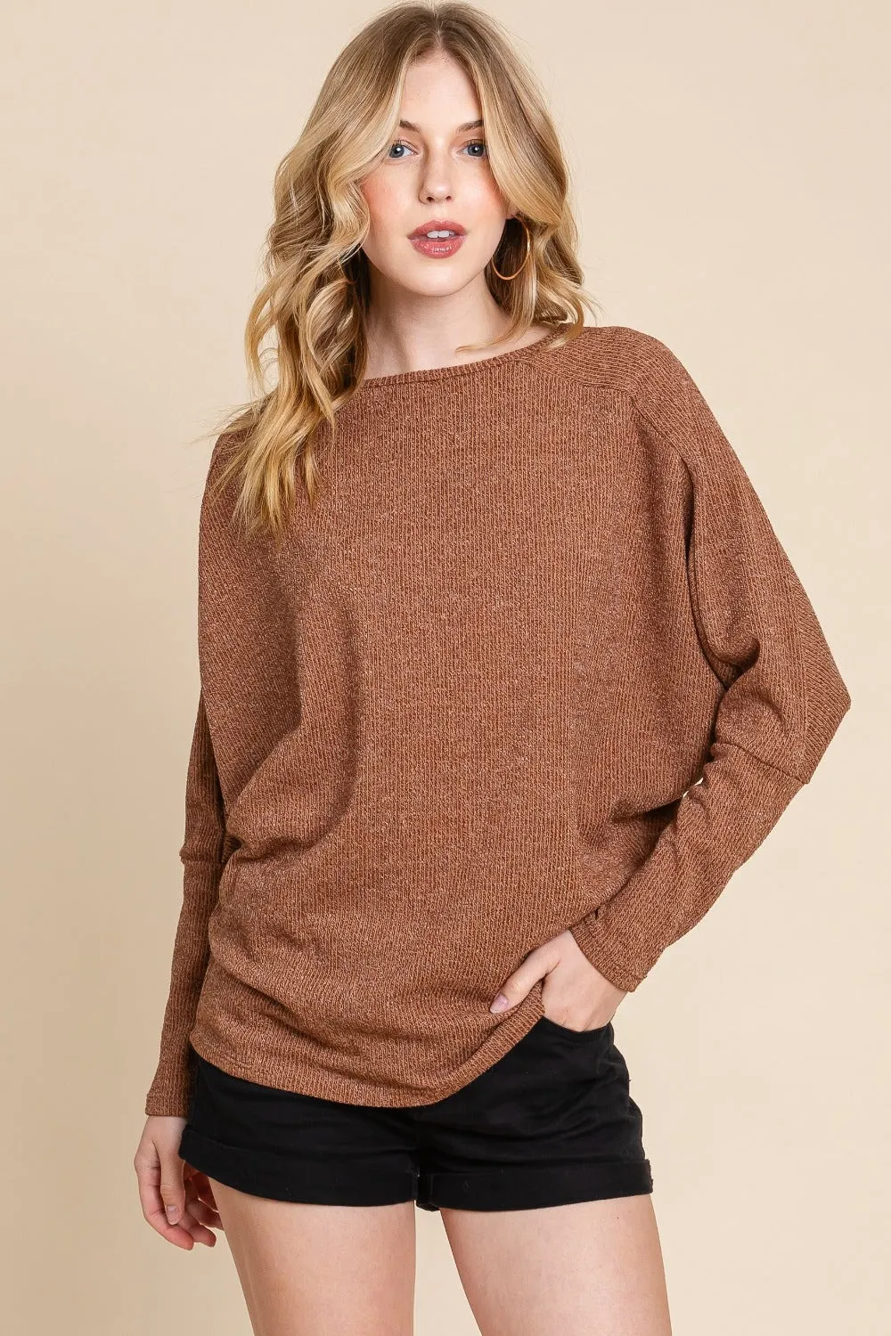 BOMBOM Drop Shoulder Long Sleeve Knit Top sold by Charming Charlie