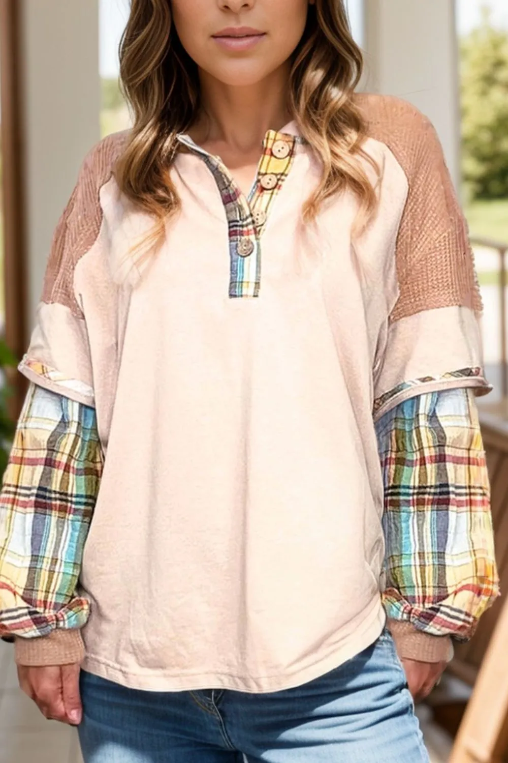Plus Size Waffle-Knit Detail Plaid Round Neck Top sold by Charming Charlie