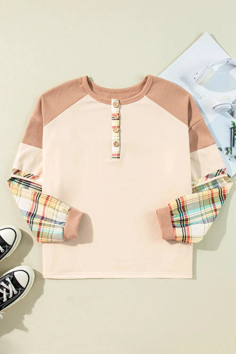 Plus Size Waffle-Knit Detail Plaid Round Neck Top sold by Charming Charlie product image thumbnail 3