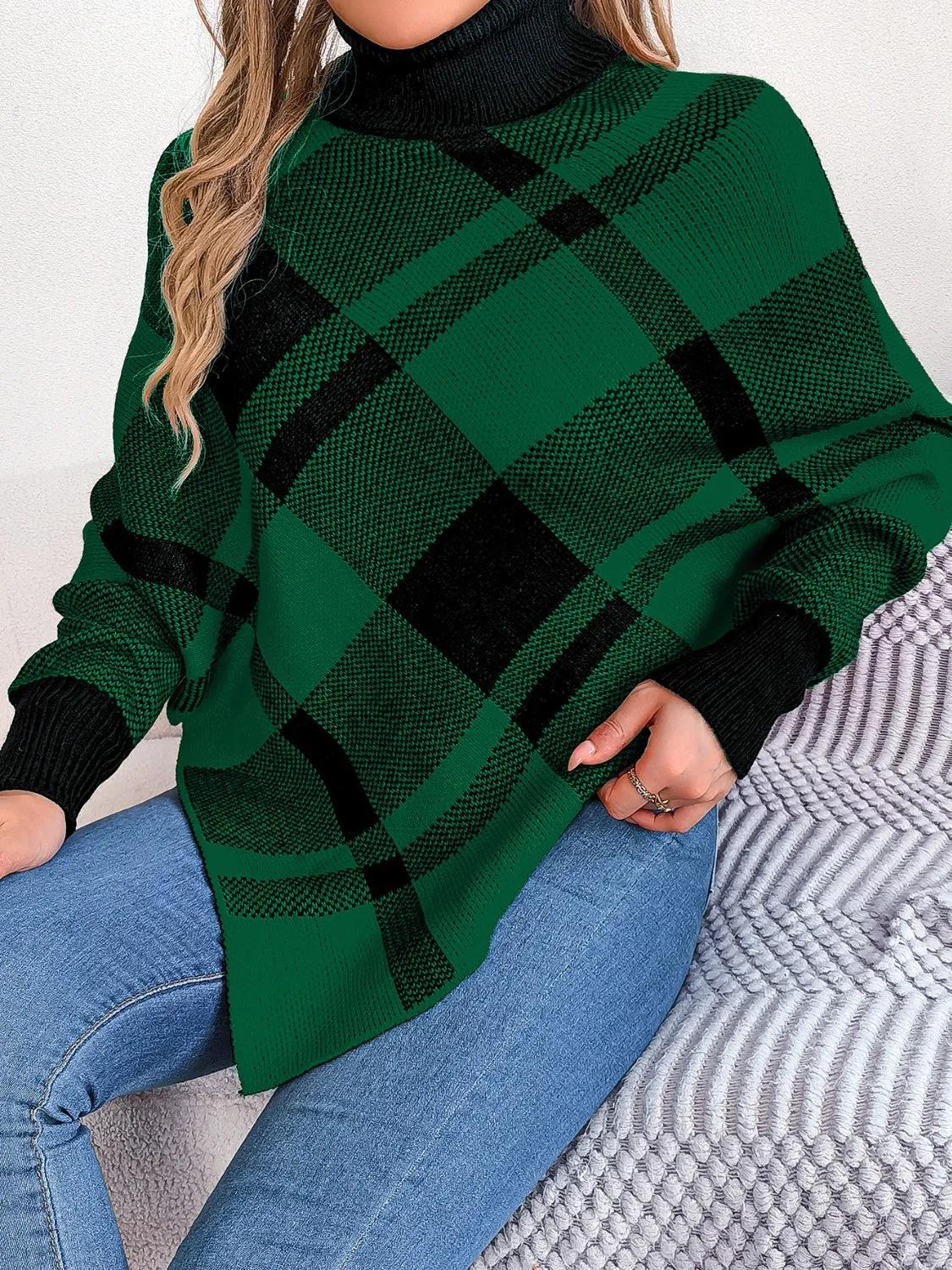 Plaid Turtleneck Batwing Sleeve Sweater sold by Charming Charlie product image thumbnail 4