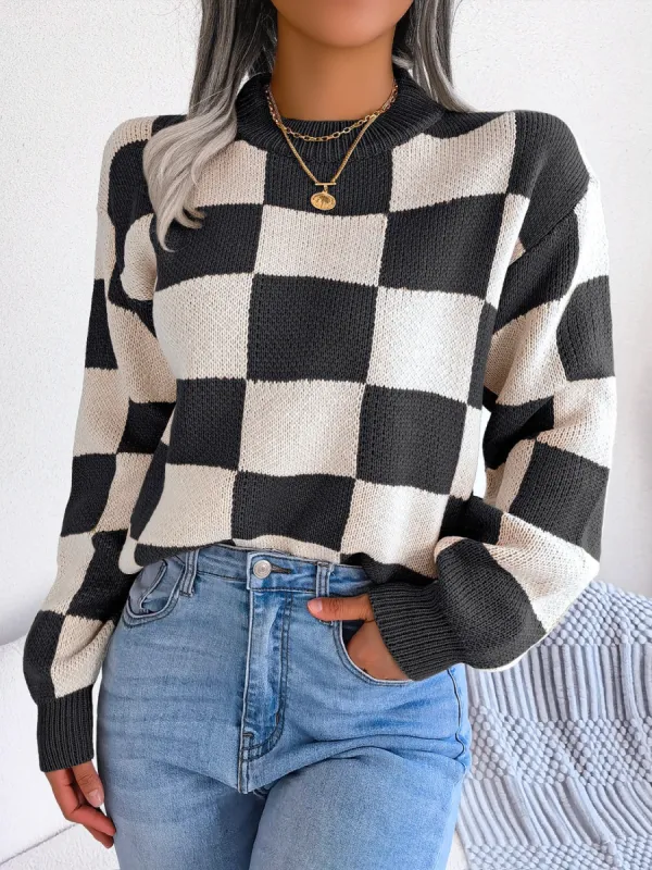 Checkered Mock Neck Long Sleeve Sweater sold by Charming Charlie