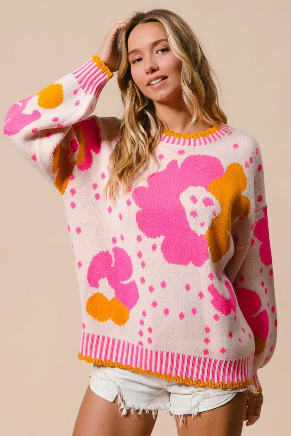 BiBi Flower Pattern Contrast Sweater sold by Charming Charlie