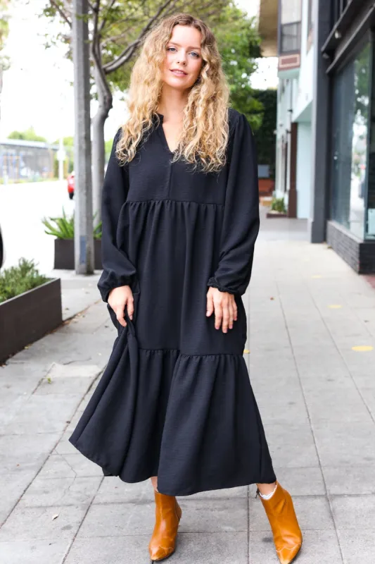 Lock Eyes Black Notched Neck Frill Hem Tiered Maxi Dress sold by Charming Charlie