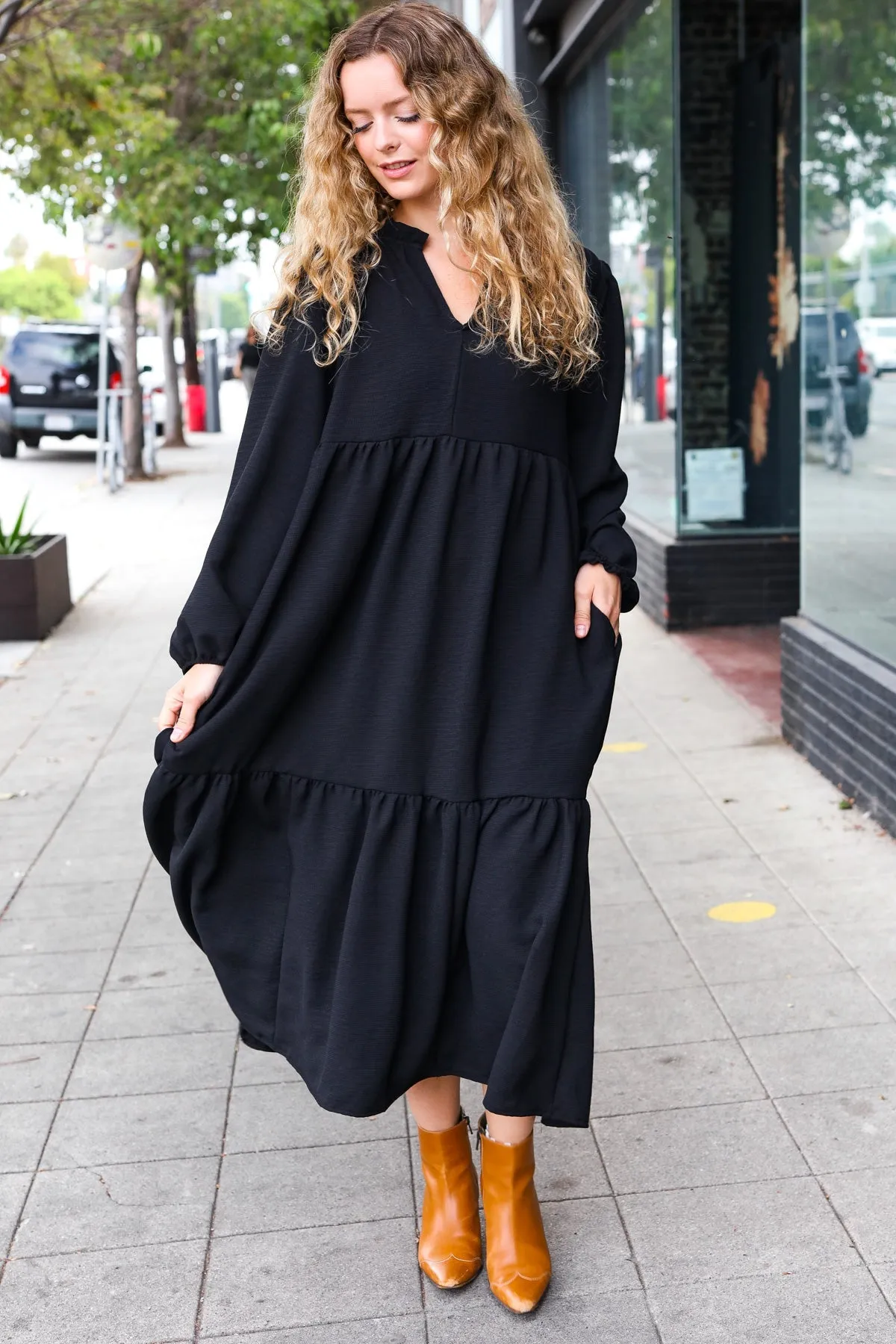 Lock Eyes Black Notched Neck Frill Hem Tiered Maxi Dress sold by Charming Charlie product image thumbnail 2