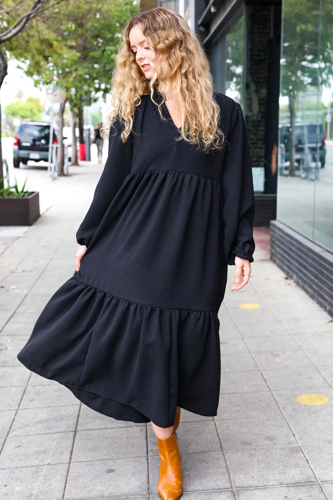 Lock Eyes Black Notched Neck Frill Hem Tiered Maxi Dress sold by Charming Charlie product image thumbnail 4