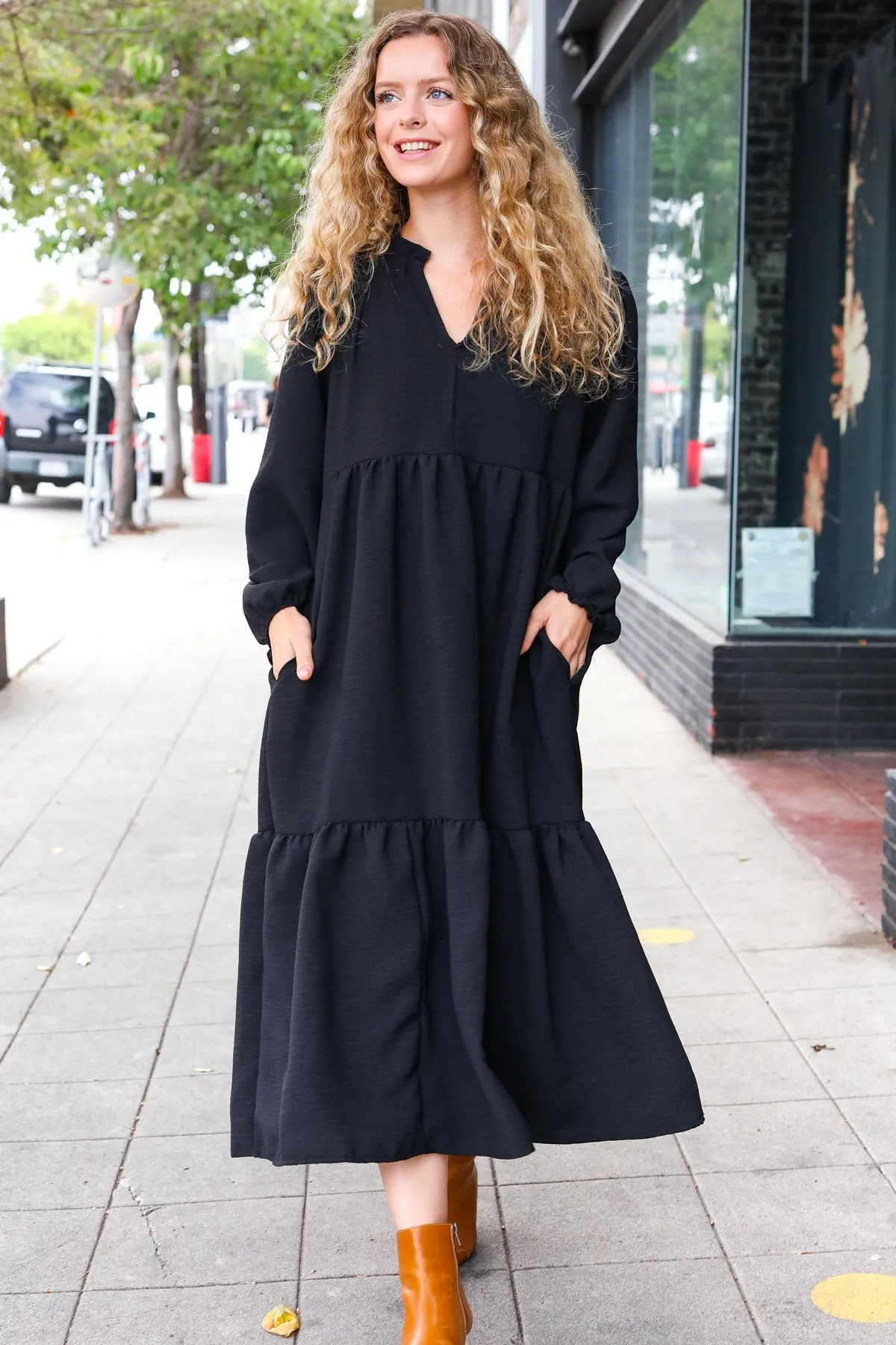 Lock Eyes Black Notched Neck Frill Hem Tiered Maxi Dress sold by Charming Charlie product image thumbnail 3