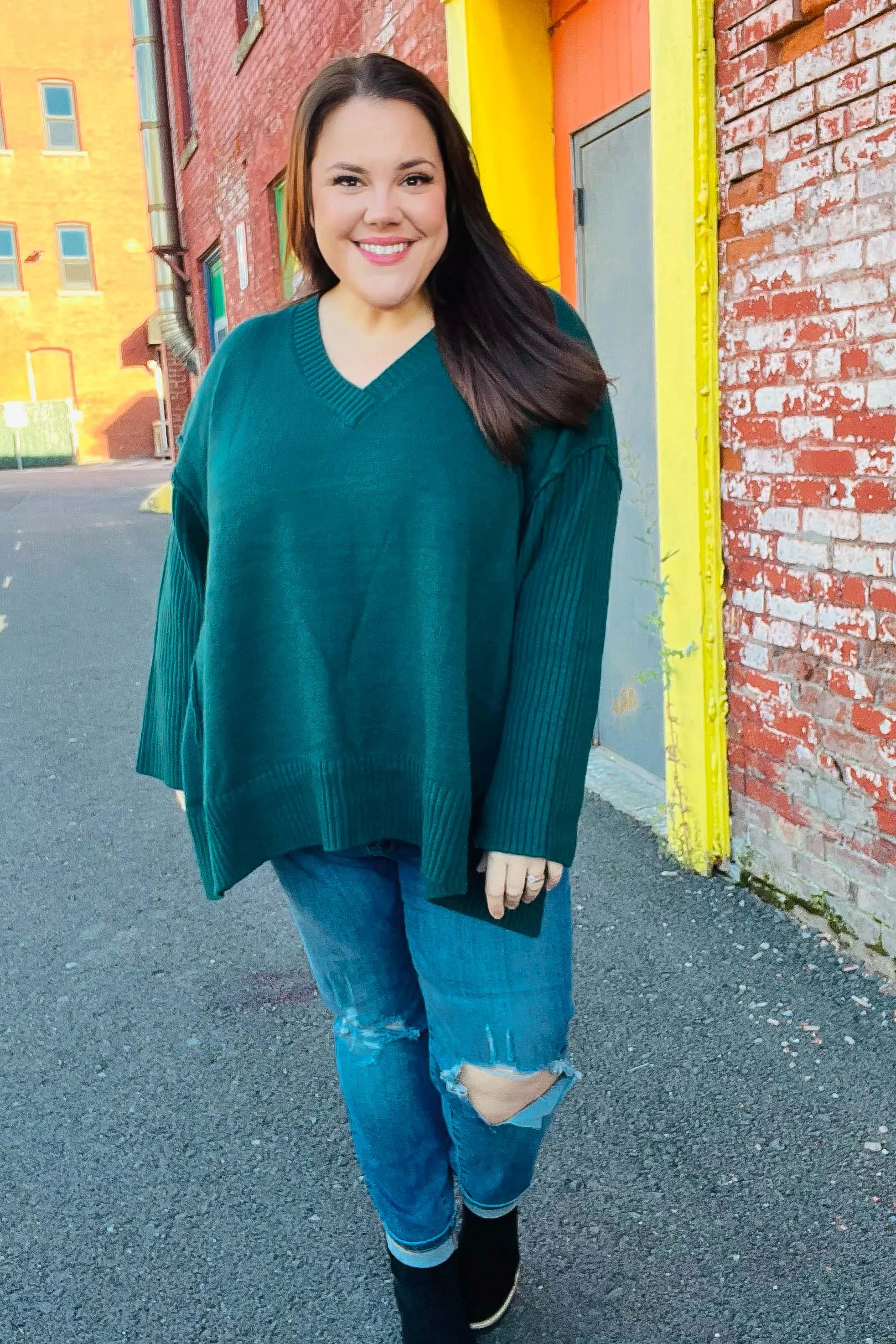 Casual Chic Hunter Green Oversized V Neck Rib Knit Sweater sold by Charming Charlie product image thumbnail 5
