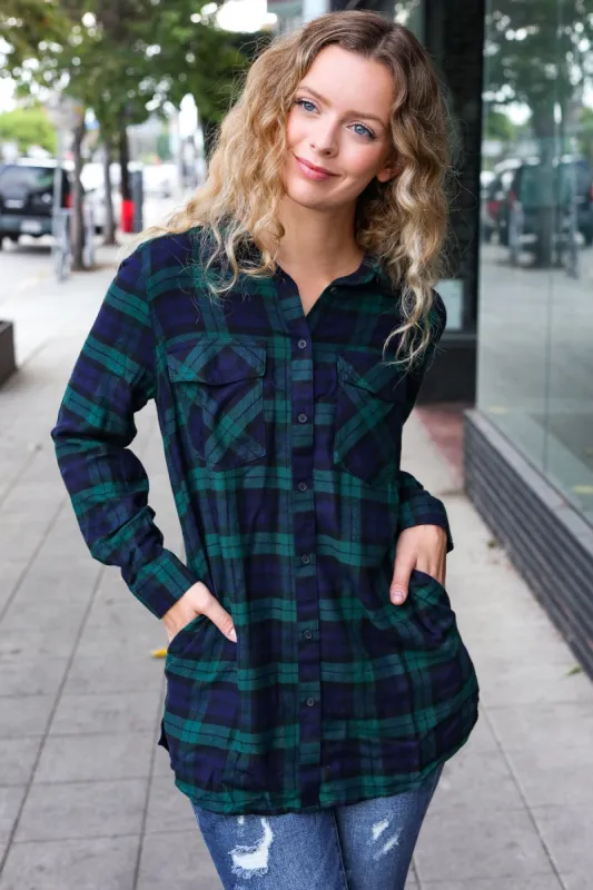 Make A Move Navy & Green Plaid Button Down Long Sleeve Top sold by Charming Charlie
