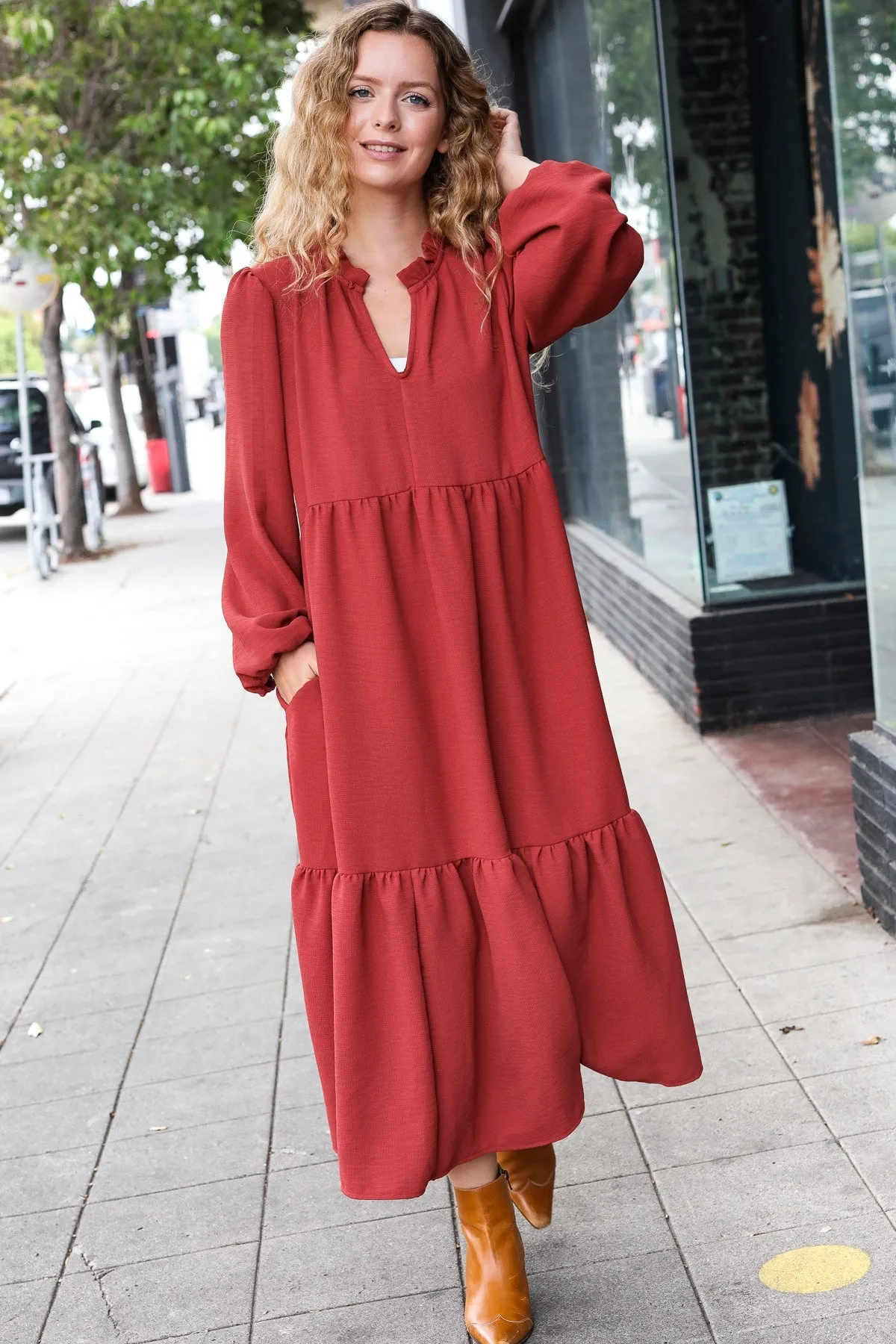 Lock Eyes Spice Notched Neck Frill Hem Tiered Maxi Dress sold by Charming Charlie product image thumbnail 2