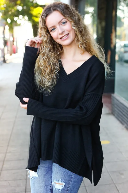 Casual Chic Black Oversized V Neck Rib Knit Sweater sold by Charming Charlie