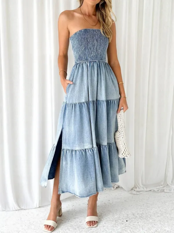 Slit Smocked Tube Tiered Denim Dress sold by Charming Charlie