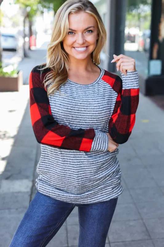 Adorable Red & Grey Striped Plaid Longline Raglan Top sold by Charming Charlie