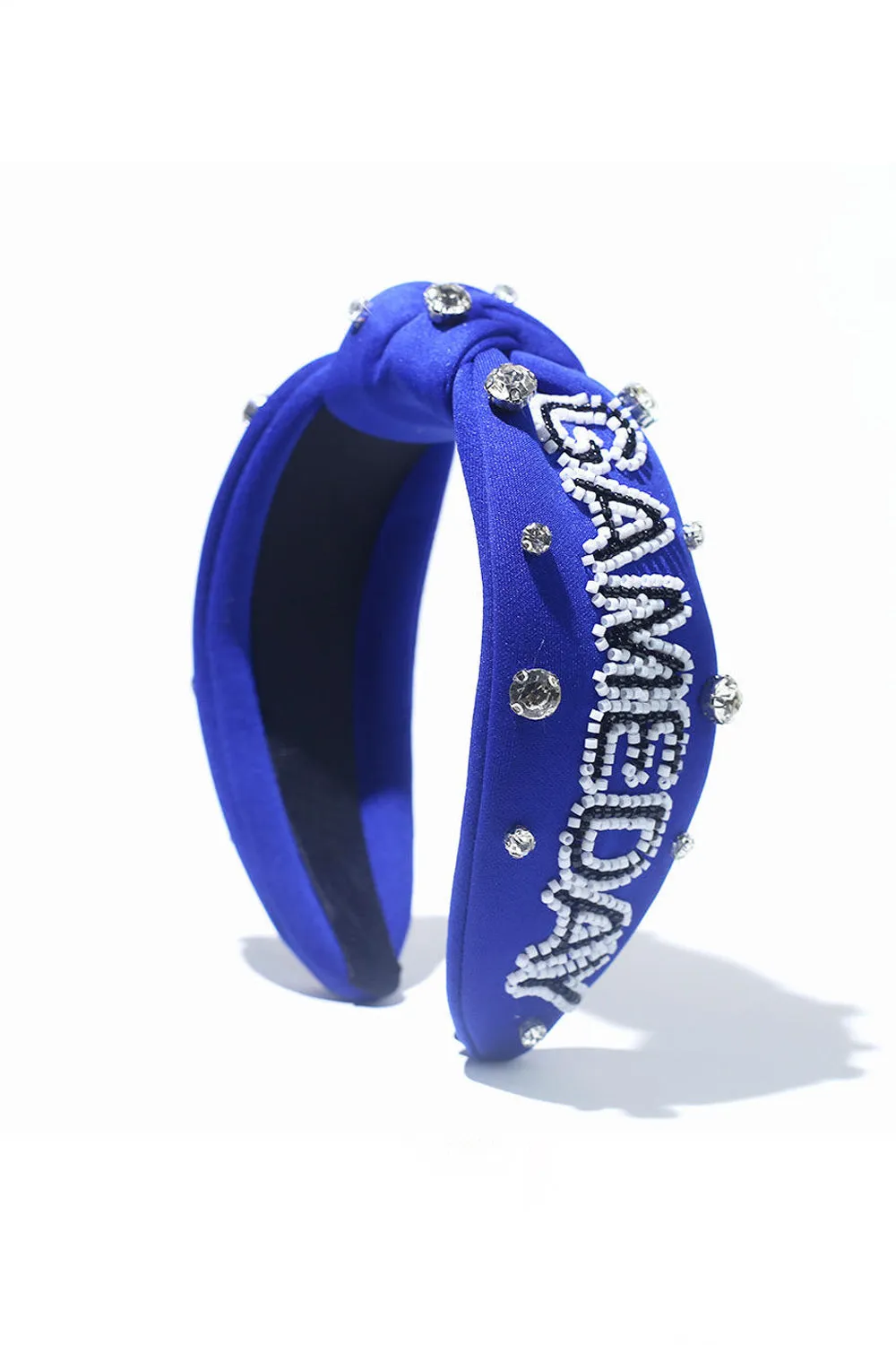 Blue Jeweled & Beaded Gameday Top Knot Headband sold by Charming Charlie
