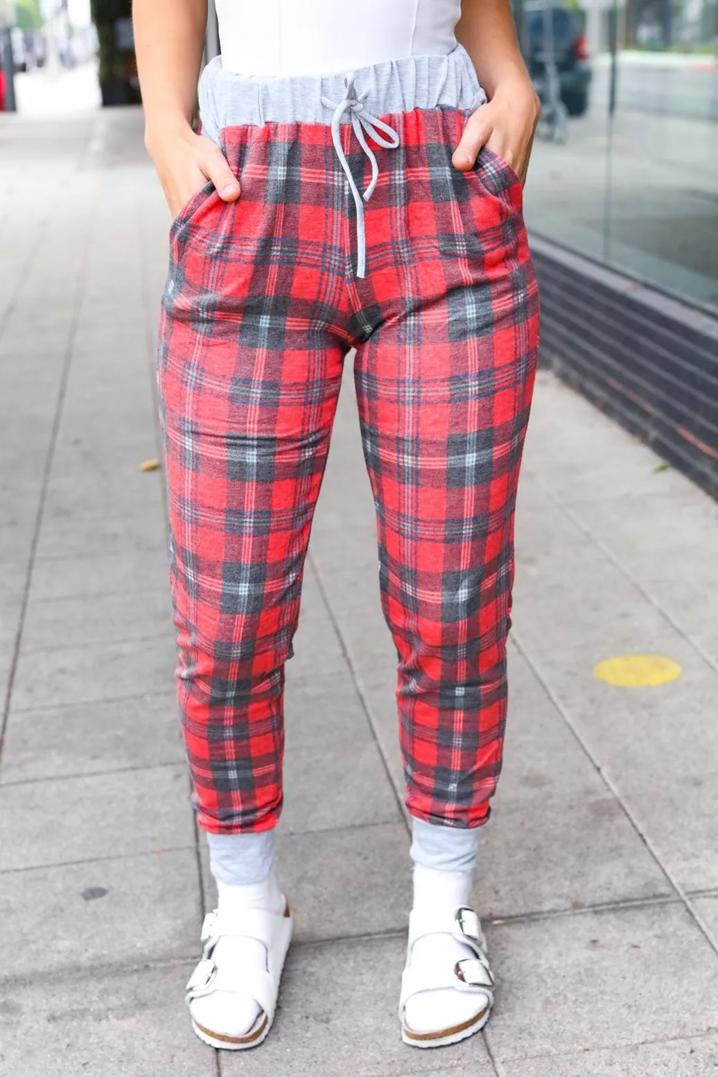 Holiday Vibes Red & Gray Plaid Drawstring Jogger Sweatpants sold by Charming Charlie product image thumbnail 2