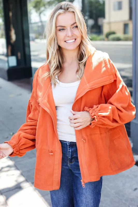 Beautiful You Rust Cinched Waist Zip Up Fleece Jacket sold by Charming Charlie