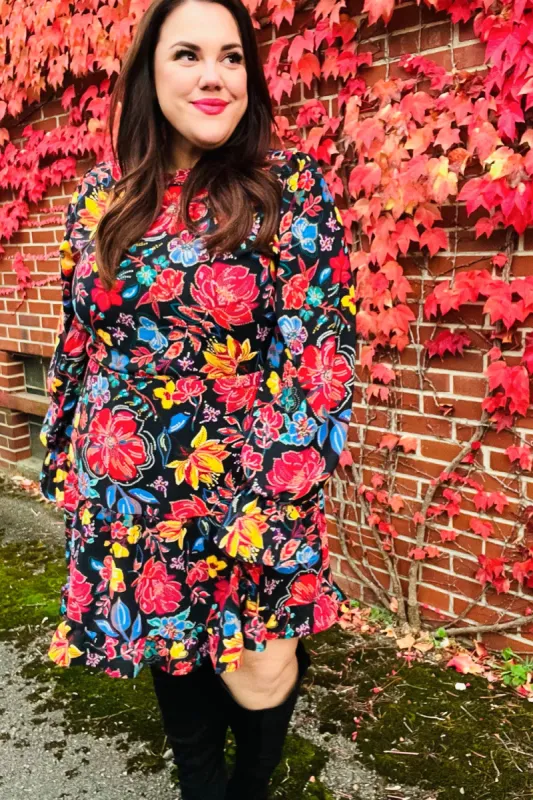 Lock Eyes Black Floral Sequin Print Ruffle Sleeve Frill Mock Neck Dress sold by Charming Charlie