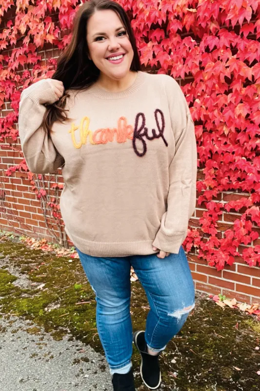 Feeling Thankful Taupe Pop Up Glittery Embroidery Sweater sold by Charming Charlie