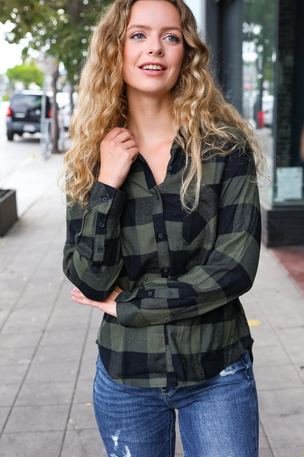 Casual Chic Army Green Plaid Button Down Long Sleeve Top sold by Charming Charlie product image thumbnail 4