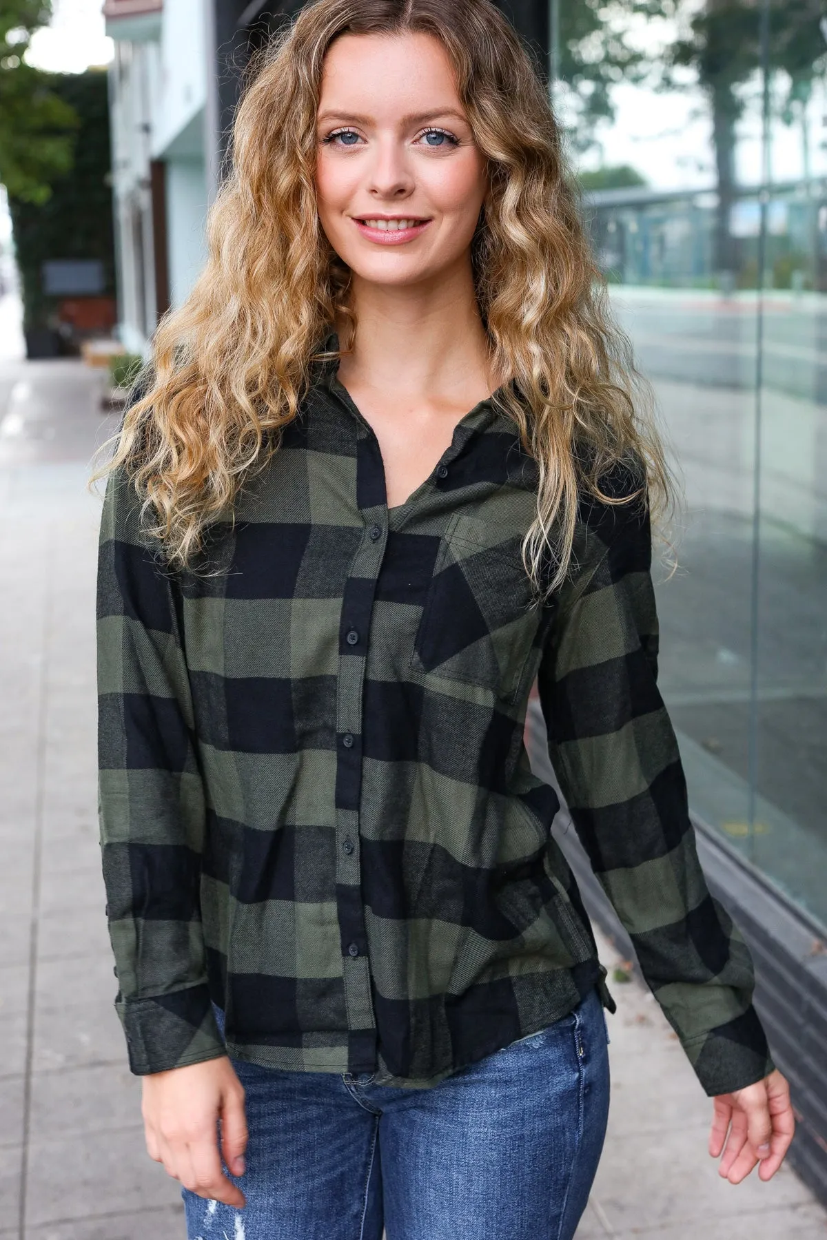 Casual Chic Army Green Plaid Button Down Long Sleeve Top sold by Charming Charlie