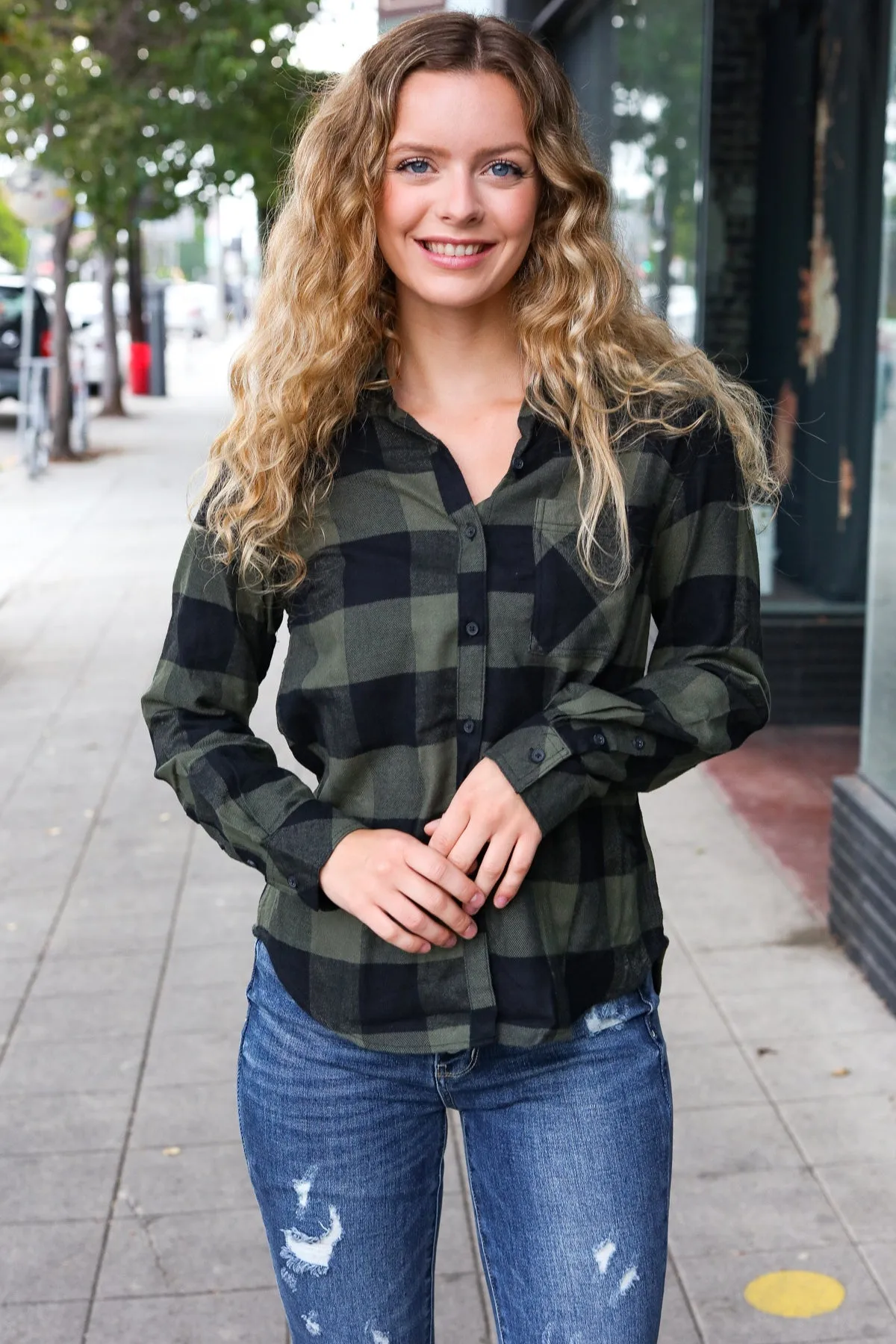 Casual Chic Army Green Plaid Button Down Long Sleeve Top sold by Charming Charlie product image thumbnail 3