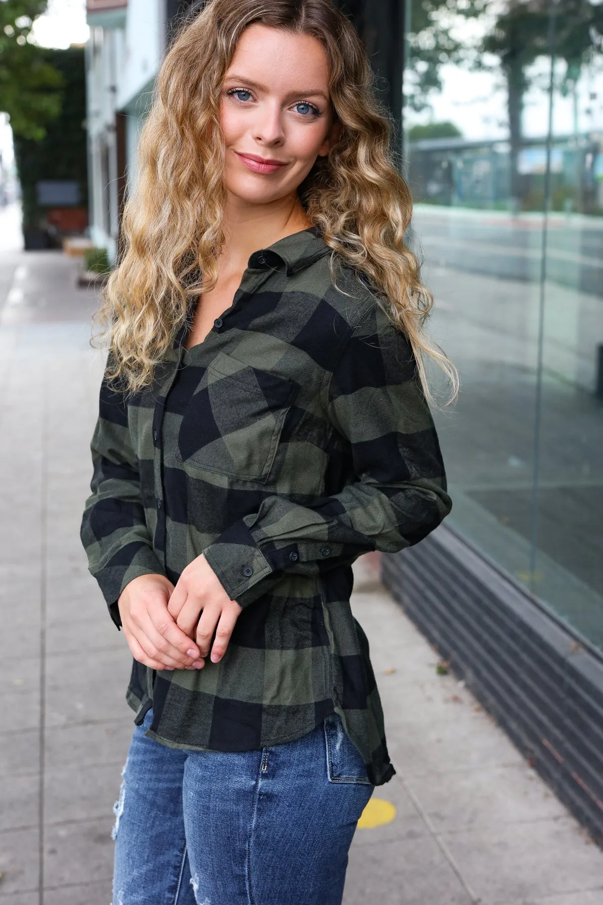 Casual Chic Army Green Plaid Button Down Long Sleeve Top sold by Charming Charlie product image thumbnail 2