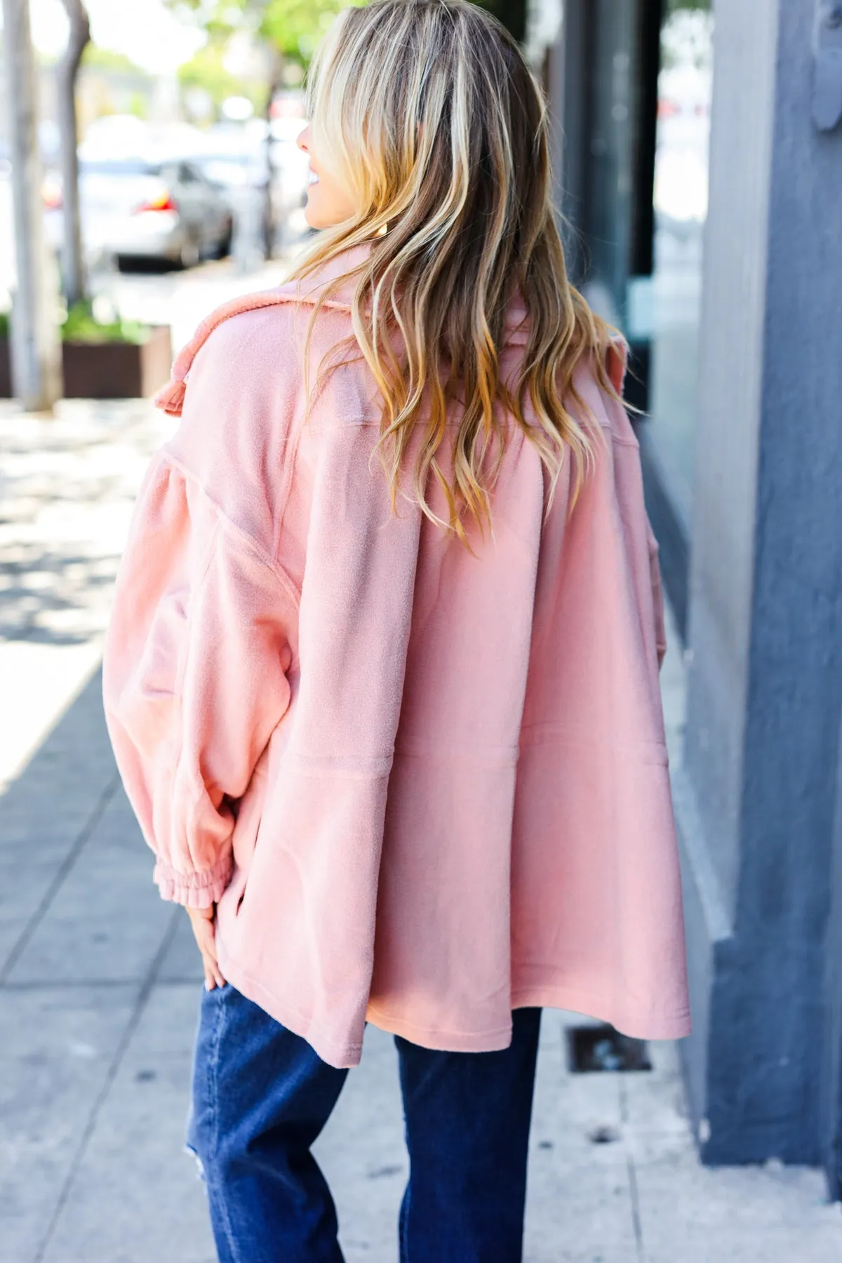 Beautiful You Blush Cinched Waist Zip Up Fleece Jacket sold by Charming Charlie product image thumbnail 2