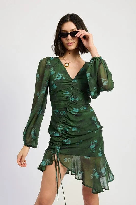 V NECK ASYMMETRICAL RUCHED MINI DRESS sold by Charming Charlie